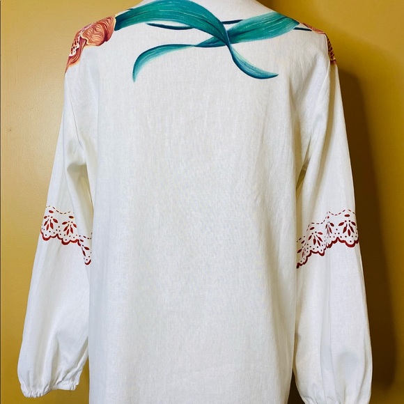 NEW Hand Painted Orchids on Linen Tunic Beaded Neck Long Sleeves Elastic Cuffs - Picture 3 of 4